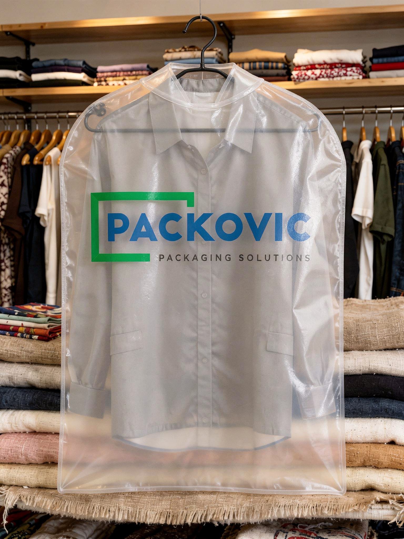 clear garment bags for clothing, textile packaging, product photography